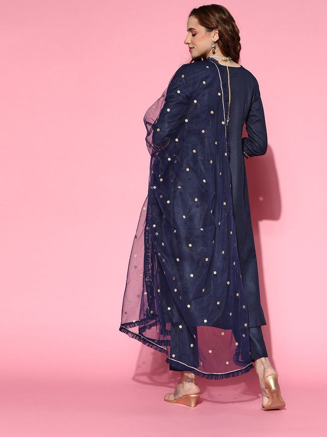 Navy Blue Embroidery Cotton Straight kurta With Pant And Dupatta – Leemboodi
