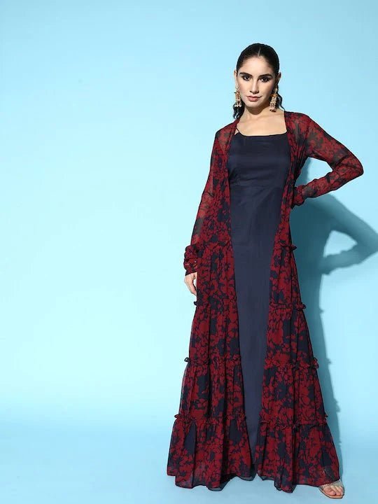 maroon and navy blue dress Navy Blue & Maroon Georgette Maxi Dress With Floral Printed Jacket Inddus.in