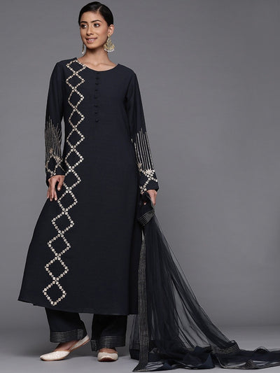 Navy Blue Polyester Partywear Embroidered Palazzo Suit - Inddus