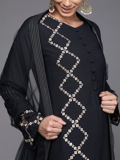 Navy Blue Polyester Partywear Embroidered Palazzo Suit - Inddus