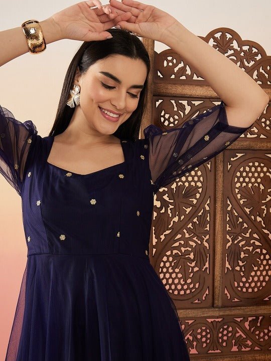 Navy blue Sequence Embellished Flared Maxi Ethnic Dresses Inddus.in Navy blue Sequence Embellished Flared Maxi Ethnic Dresses Inddus.in