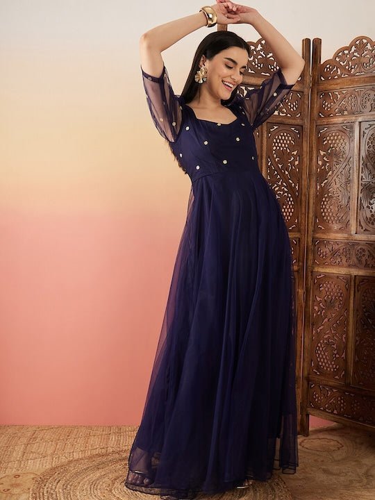 Navy blue Sequence Embellished Flared Maxi Ethnic Dresses Navy blue Sequence Embellished Flared Maxi Ethnic Dresses