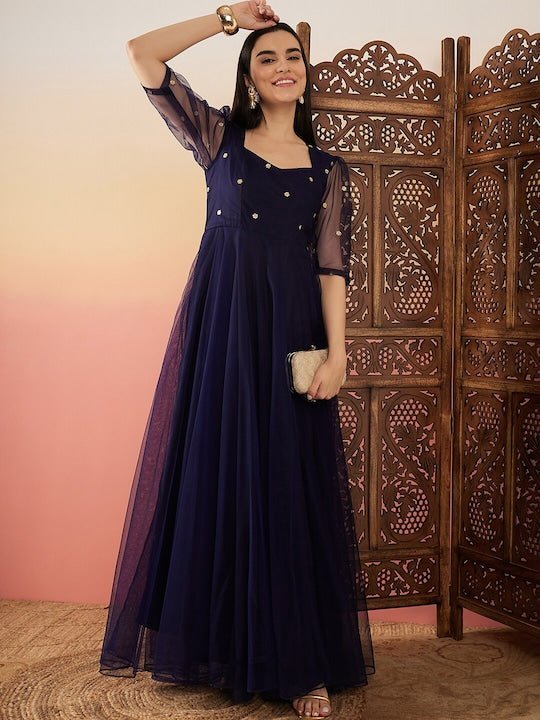 Navy blue Sequence Embellished Flared Maxi Ethnic Dresses
