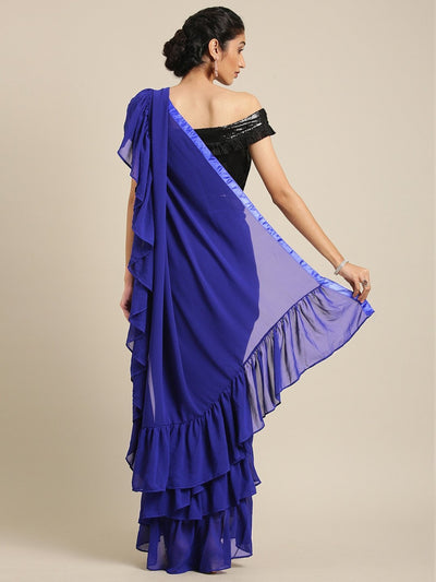 Navy Blue Solid Poly Georgette Saree - Inddus