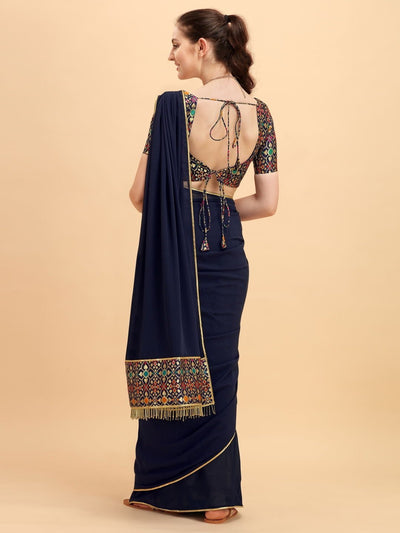 Navy Blue Solid Saree with Brocade Blouse - Inddus