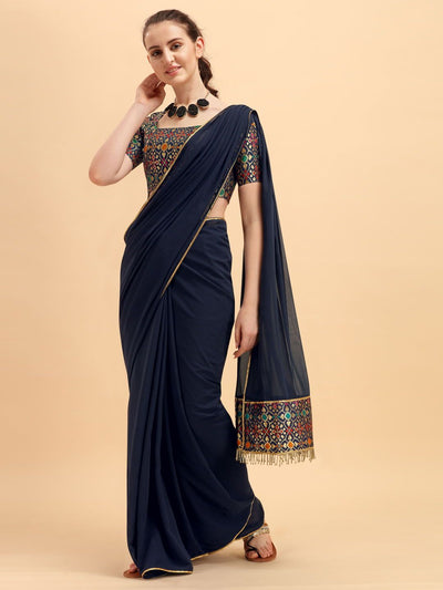 Navy Blue Solid Saree with Brocade Blouse - Inddus