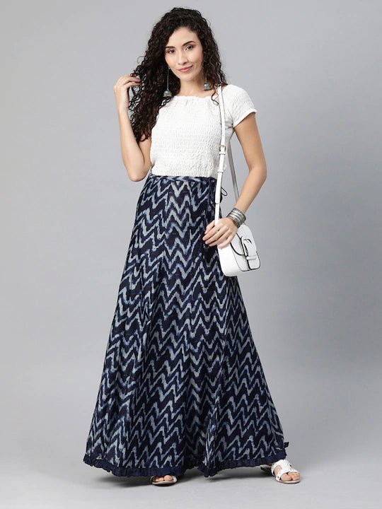 Navy Blue White Chevron Printed Pure Cotton Maxi Flared Skirt
