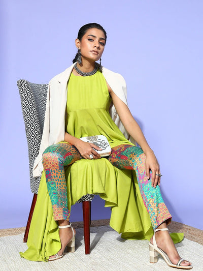 Neon Green High-Low Kurta with Brocade Trouser - Inddus.in