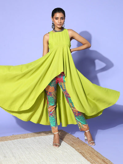 Neon Green High-Low Kurta with Brocade Trouser - Inddus.in