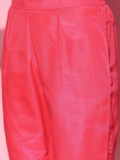 Neon Pink Pleated Kurta with Pants and Organza Dupatta - Inddus.in