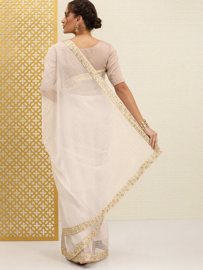 Off White & Beige Zari Striped Saree with Embroidered Border and Blouse Piece - Inddus.in