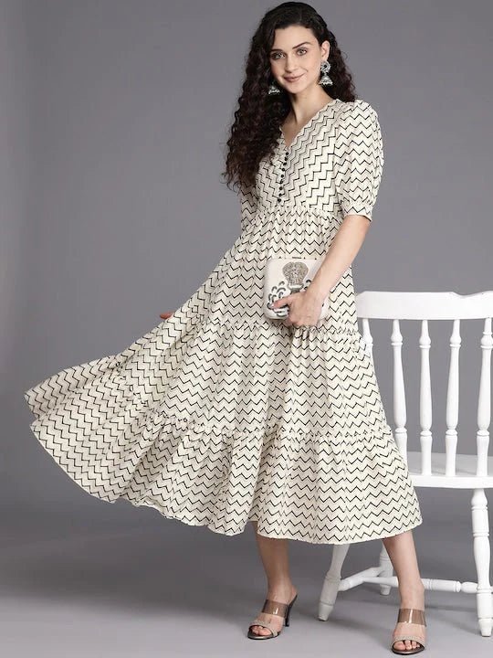 Off White & Black Chevron Printed Pure Cotton Tiered Midi Dress Off White & Black Chevron Printed Pure Cotton Tiered Midi Dress