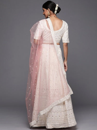 Off White Embroidered Semi-Stitched Lehenga & Unstitched Blouse With Dupatta Net - Inddus.in