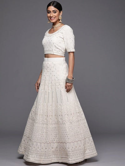 Off White Embroidered Semi-Stitched Lehenga & Unstitched Blouse With Dupatta Net - Inddus.in