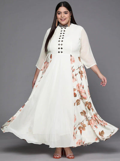 Off White Floral Print Georgette Ethnic Maxi Dress - Inddus.in
