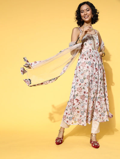 Off White Floral Printed Empire Design Kurta with Trouser & Dupatta - Inddus.in