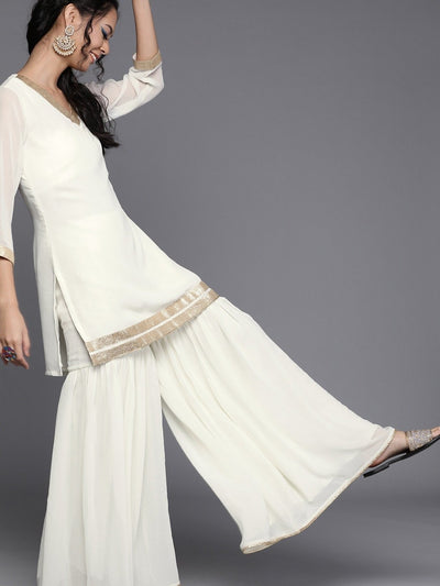 Off White Georgette Partywear Solid Sharara Suit - Inddus