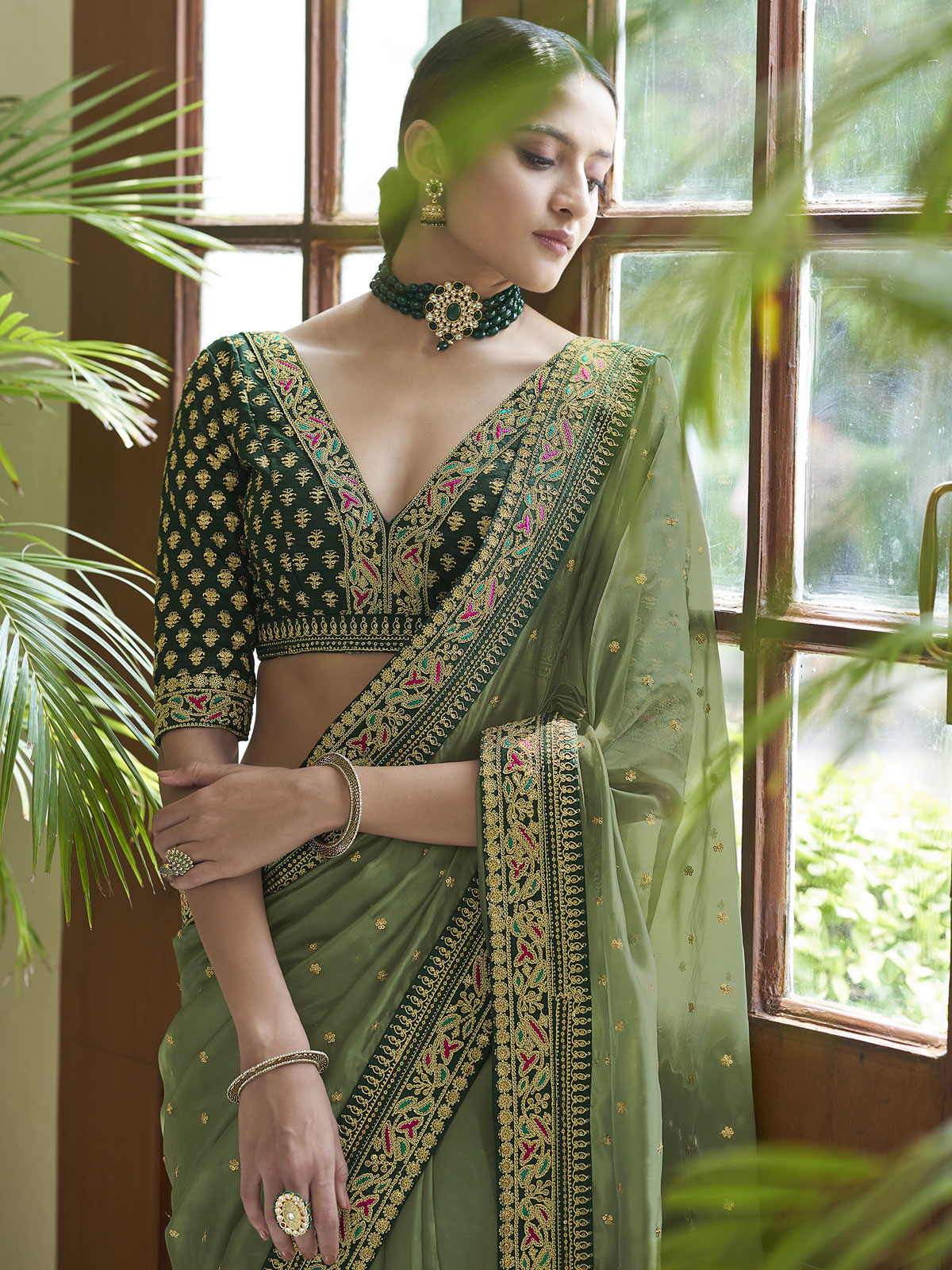 Dark Green color Organza sarees with embriodary work saree design  -ORGS0000805