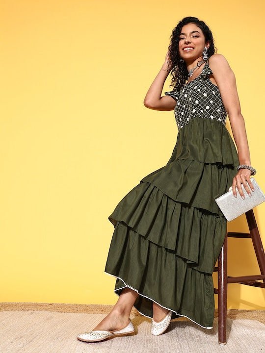Olive Green & White Embroidered Layered Maxi Dress Inddus.in Olive Green & White Embroidered Layered Maxi Dress Inddus.in