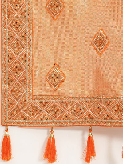 Orange & Gold-Toned Ethnic Motifs Sequinned Silk Blend Banarasi Saree - Inddus.in