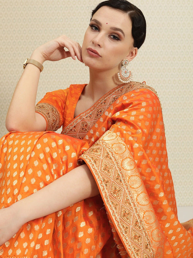 Orange Banarasi Silk Saree With Zari Weaving Work – Bahuji - Online Fashion  & Lifestyle Store