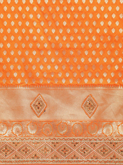 Orange & Gold-Toned Ethnic Motifs Sequinned Silk Blend Banarasi Saree - Inddus.in