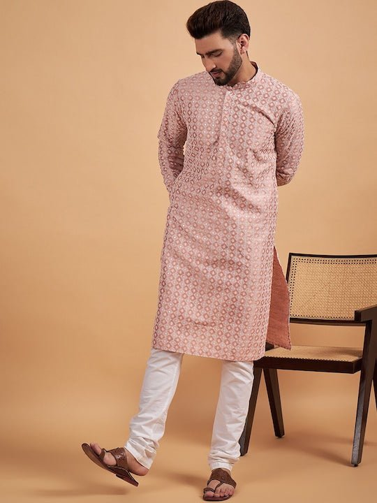 Peach-Coloured Ethnic Motif Embroidered Chikankari Straight Kurta