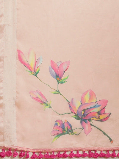 Peach-Coloured Floral Print Organza Saree - Inddus