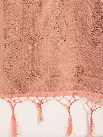 Peach Ethnic Motifs Zari Woven Embellished Saree - Inddus.in