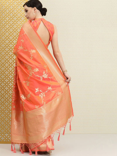 Peach Pink Dual Tone Jaal Design Zari Woven Saree - Inddus