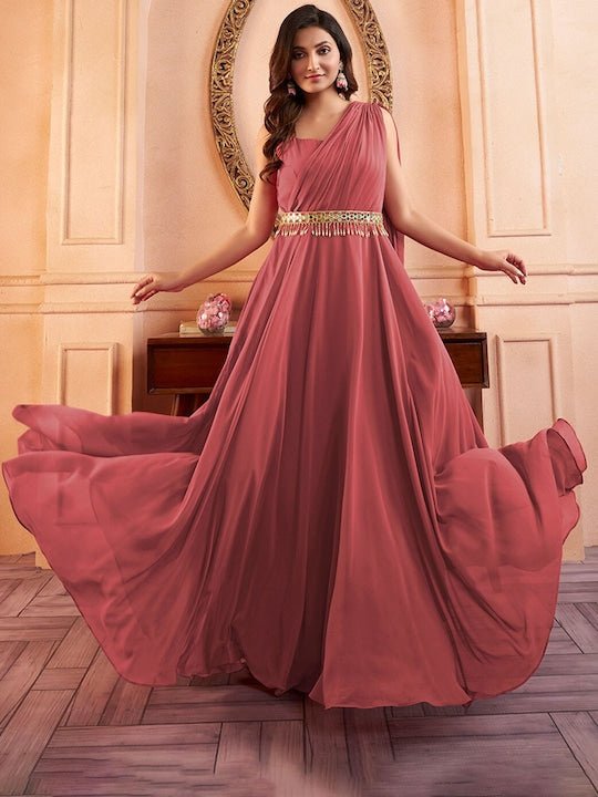 Peach Sleeveless Maxi Ethnic Dress With Embellished Belt–