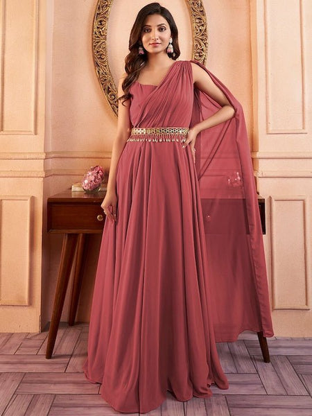 Peach Sleeveless Maxi Ethnic Dress With Embellished Belt–