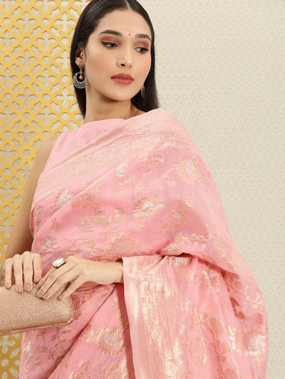 Pink and Gold Floral Zari Woven Saree - Inddus.in