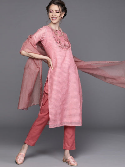 Pink Chanderi Cotton Partywear Printed Straight Cut Suit - Inddus
