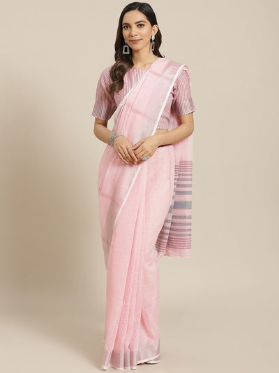 Pink Cotton Blend Traditional Saree - Inddus