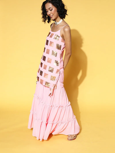 Pink Embroidered Geometric Sequinned Kurta with Sharara & Dupatta - Inddus.in