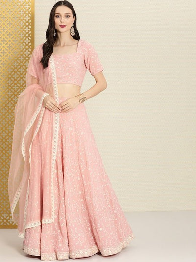 Pink Embroidered Semi-Stitched Lehenga & Unstitched Blouse With Dupatta