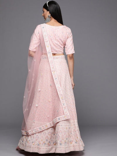 Pink Embroidered Sequinned Semi-Stitched Lehenga & Unstitched Blouse With Dupatta Net - Inddus.in