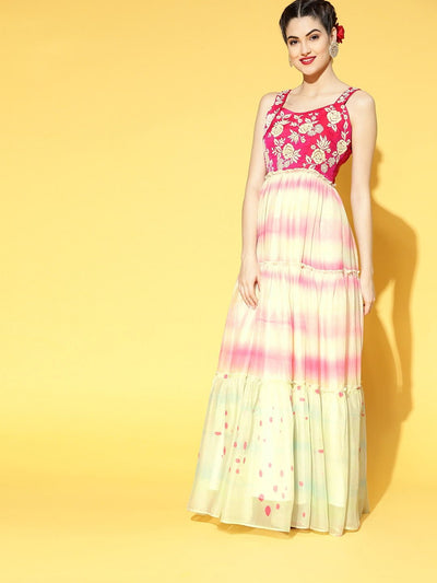 Pink Embroidered Tie and Dye Teirred Dress - Inddus.in