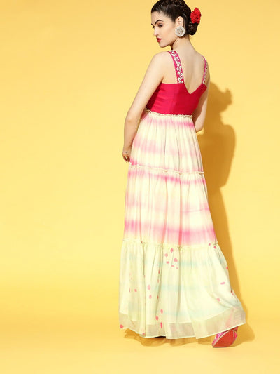 Pink Embroidered Tie and Dye Teirred Dress - Inddus.in