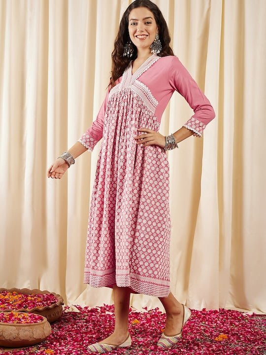 Pink Ethnic Motifs Embroidered V Neck Chikankari Detailed Empire Midi Ethnic Dress