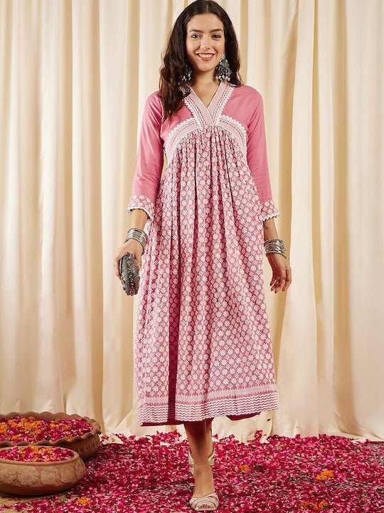 Pink Ethnic Motifs Embroidered V-Neck Chikankari Detailed Empire  MidiInddus.in
