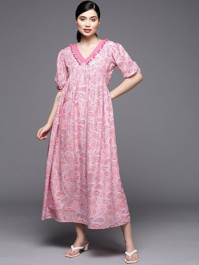 Pink Floral Print Pleated Maxi Dress - Inddus.in