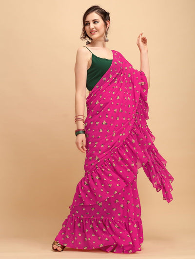 Pink Floral Print Ruffled Saree - Inddus