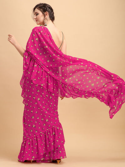 Pink Floral Print Ruffled Saree - Inddus