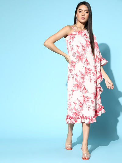 Pink Floral Printed Asymmetric Gown - Inddus.in