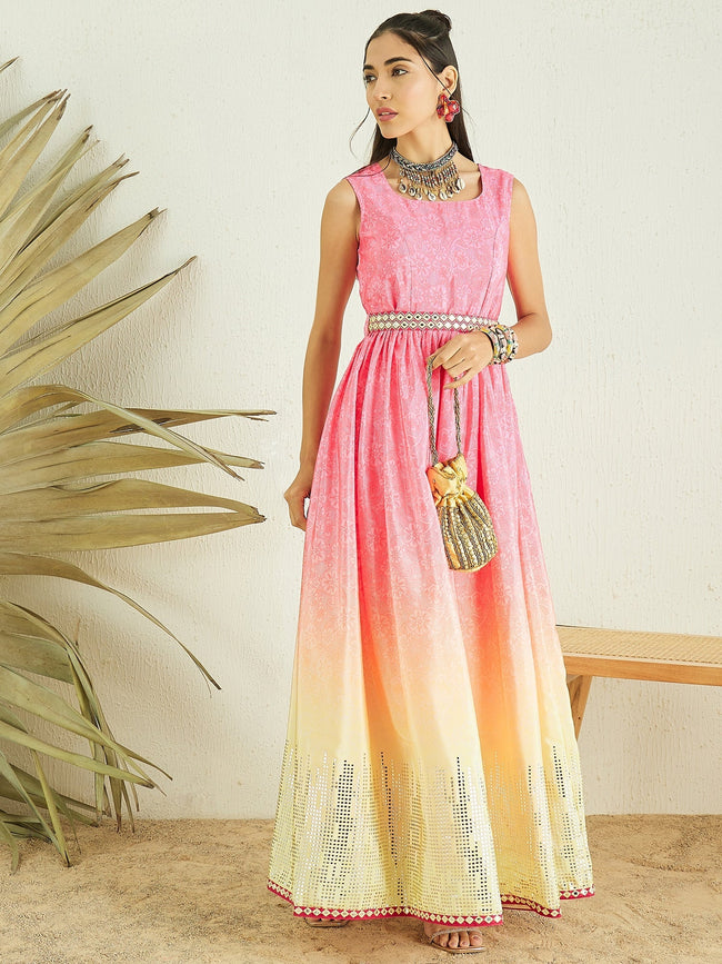 Pink Floral Printed Gathered Detailed Maxi Ethnic Dress With Belt Inddus.in