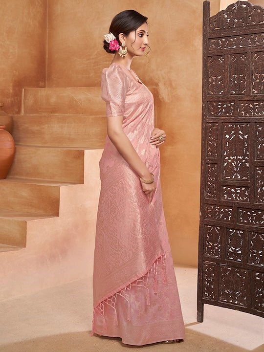 Pink Floral Woven Design Zari Saree Inddus.in