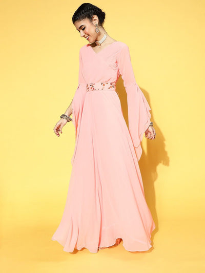 Pink Georgette Partywear Solid Dresses - Inddus.in