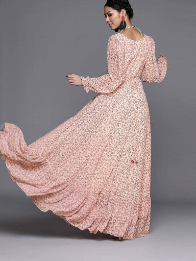 Pink Georgette Partywear Woven Maxi Dress - Inddus